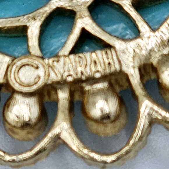 Sarah Coventry Turquoise Brooch Vintage Lucite Cabochon Faux Pearl Estate Pin - Picture 7 of 9